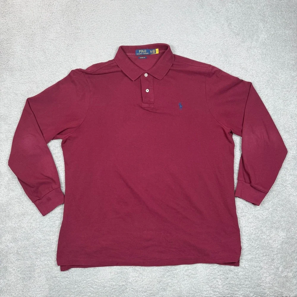 Polo Ralph Lauren Mens XL Classic Fit Long Sleeve Polo Shirt Burgundy‎ Cotton